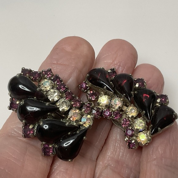 Vintage Purple & Clear Rhinestone Earrings Climber Clip On Silver Tone Statement - Picture 2 of 9